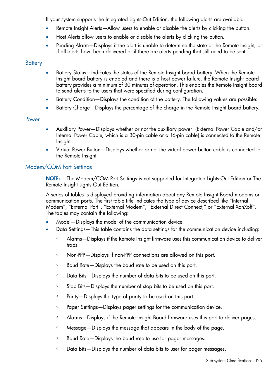 Battery, Power, Modem/com port settings | Battery power modem/com port settings | HP Insight Management Agents User Manual | Page 125 / 177