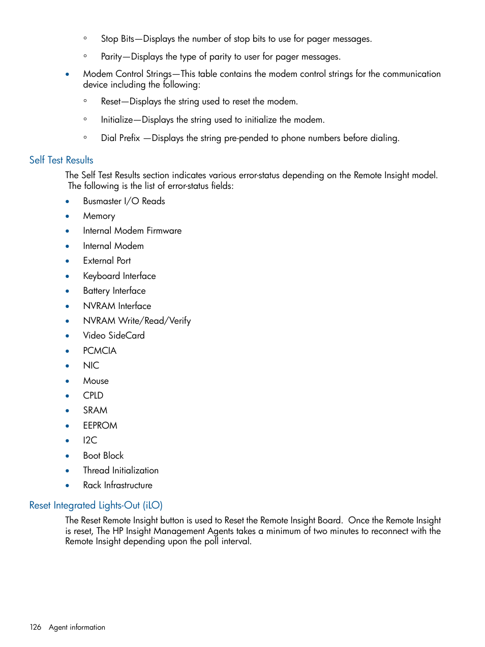 Self test results, Reset integrated lights-out (ilo) | HP Insight Management Agents User Manual | Page 126 / 177