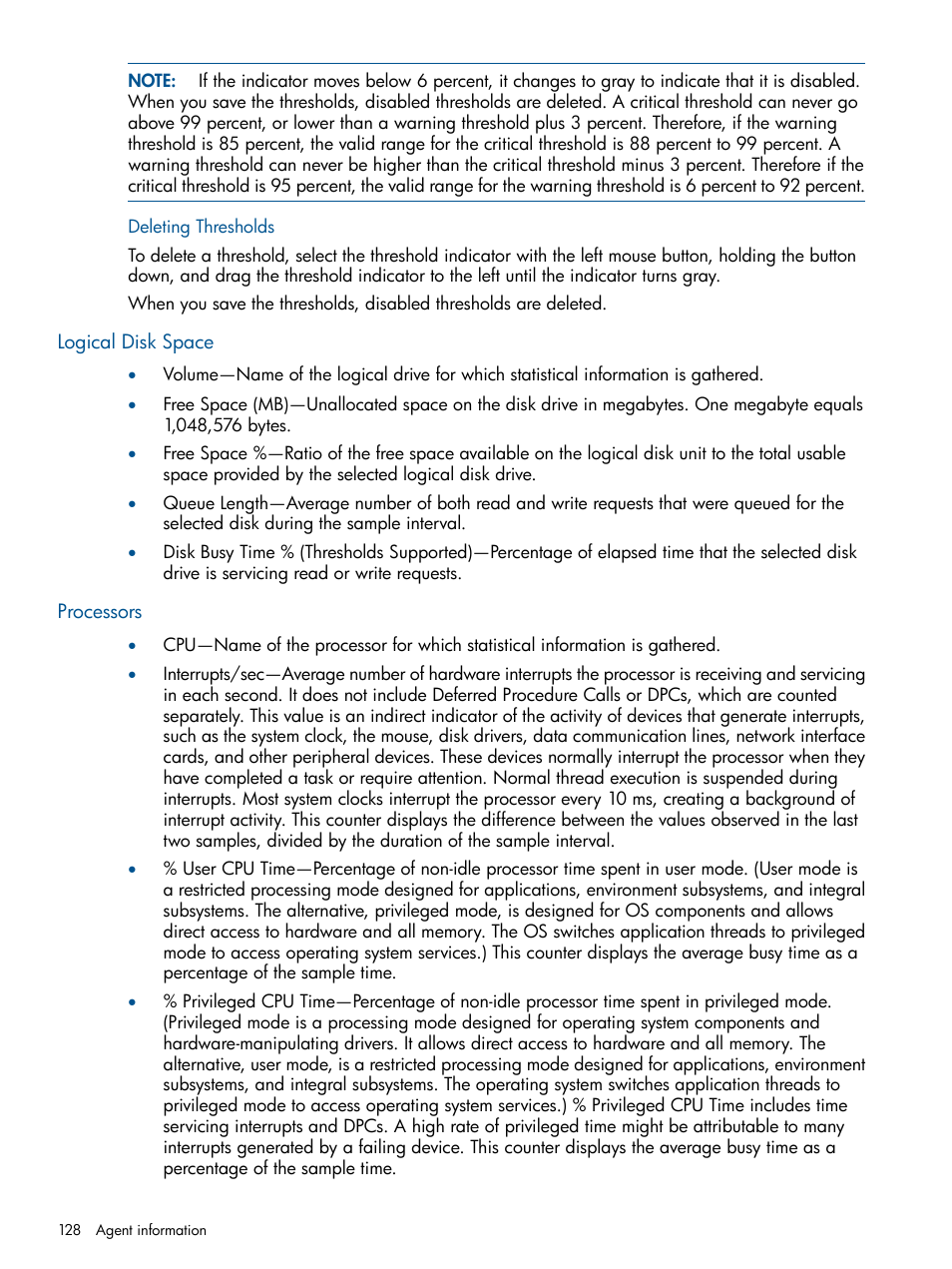 Deleting thresholds, Logical disk space, Processors | Logical disk space processors | HP Insight Management Agents User Manual | Page 128 / 177