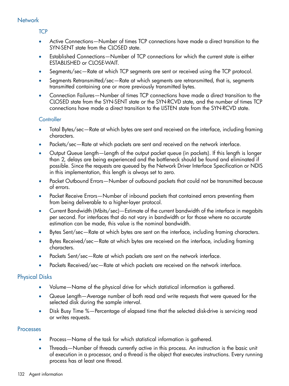 Network, Controller, Physical disks | Processes, Tcp controller, Physical disks processes | HP Insight Management Agents User Manual | Page 132 / 177