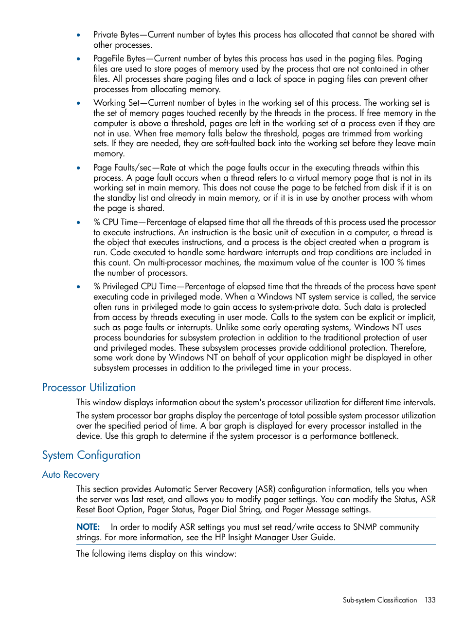 Processor utilization, System configuration, Auto recovery | Processor utilization system configuration | HP Insight Management Agents User Manual | Page 133 / 177