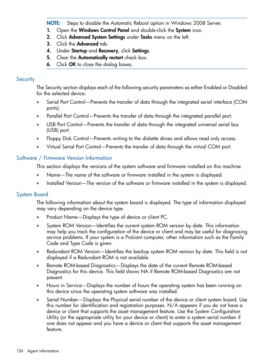 Security, Software / firmware version information, System board | HP Insight Management Agents User Manual | Page 136 / 177