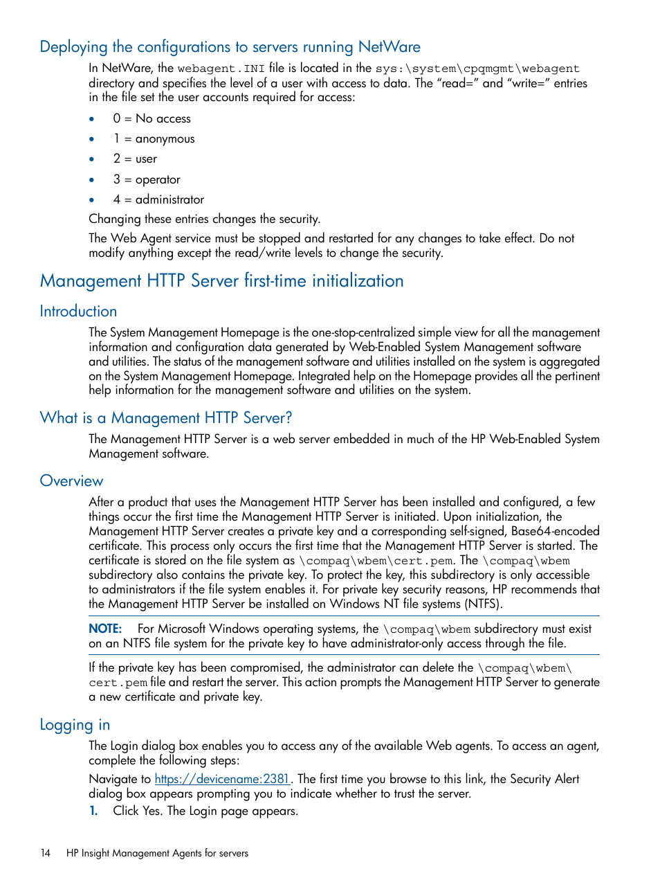 Management http server first-time initialization, Introduction, What is a management http server | Overview, Logging in | HP Insight Management Agents User Manual | Page 14 / 177