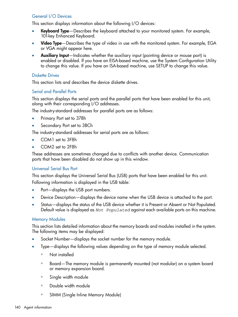 General i/o devices, Diskette drives, Serial and parallel ports | Universal serial bus port, Memory modules | HP Insight Management Agents User Manual | Page 140 / 177