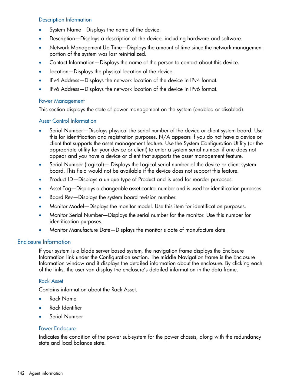 Description information, Power management, Asset control information | Enclosure information, Rack asset, Power enclosure, Rack asset power enclosure | HP Insight Management Agents User Manual | Page 142 / 177