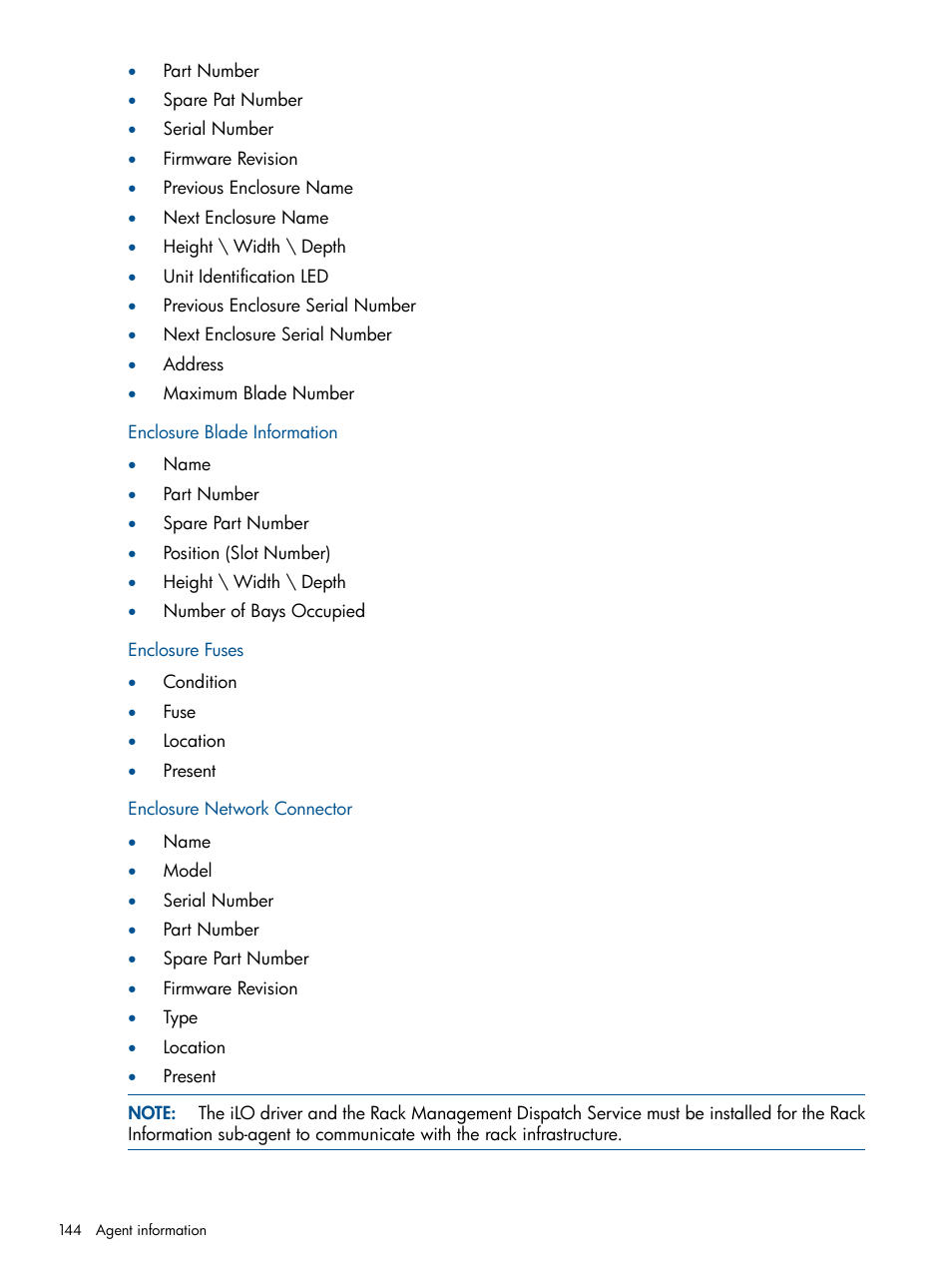 Enclosure blade information, Enclosure fuses, Enclosure network connector | HP Insight Management Agents User Manual | Page 144 / 177