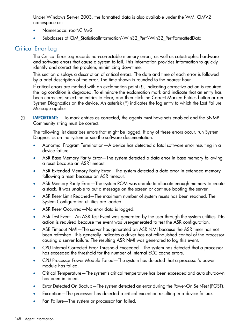 Critical error log | HP Insight Management Agents User Manual | Page 148 / 177