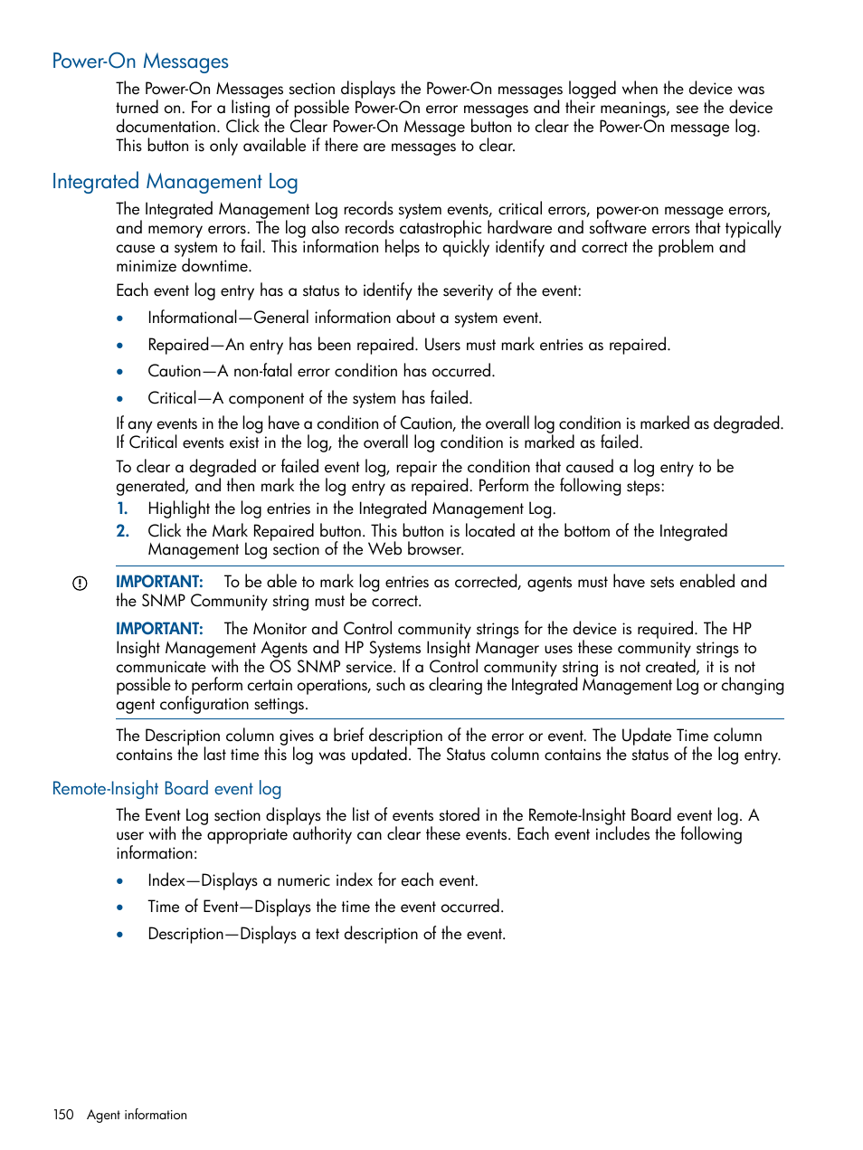 Power-on messages, Integrated management log, Remote-insight board event log | Power-on messages integrated management log | HP Insight Management Agents User Manual | Page 150 / 177