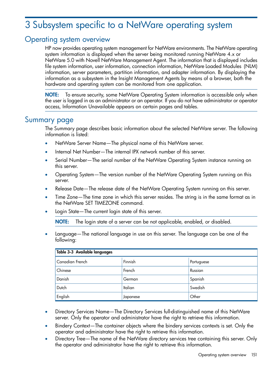 3 subsystem specific to a netware operating system, Operating system overview, Summary page | HP Insight Management Agents User Manual | Page 151 / 177