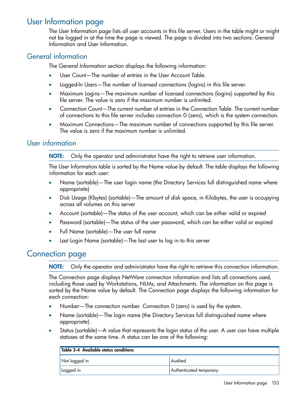 General information, User information, General information user information | User information page, Connection page | HP Insight Management Agents User Manual | Page 153 / 177