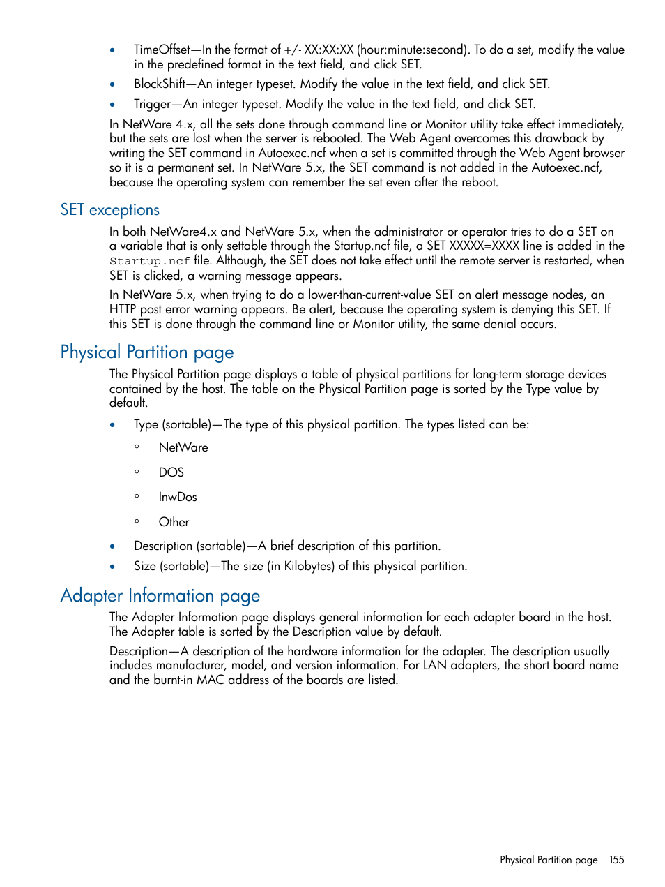 Set exceptions, Physical partition page, Adapter information page | HP Insight Management Agents User Manual | Page 155 / 177