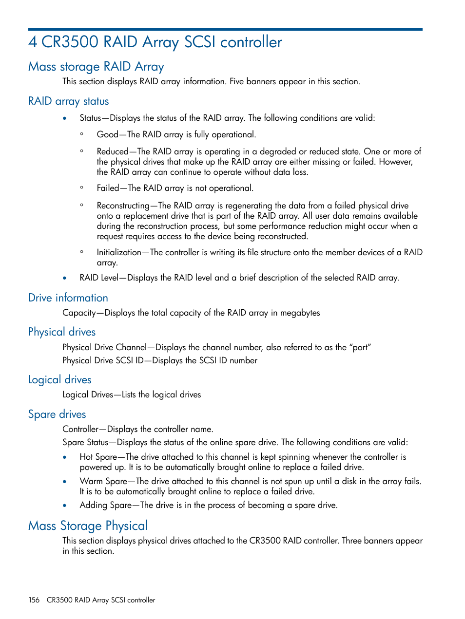 4 cr3500 raid array scsi controller, Mass storage raid array, Raid array status | Drive information, Physical drives, Logical drives, Spare drives, Mass storage physical | HP Insight Management Agents User Manual | Page 156 / 177