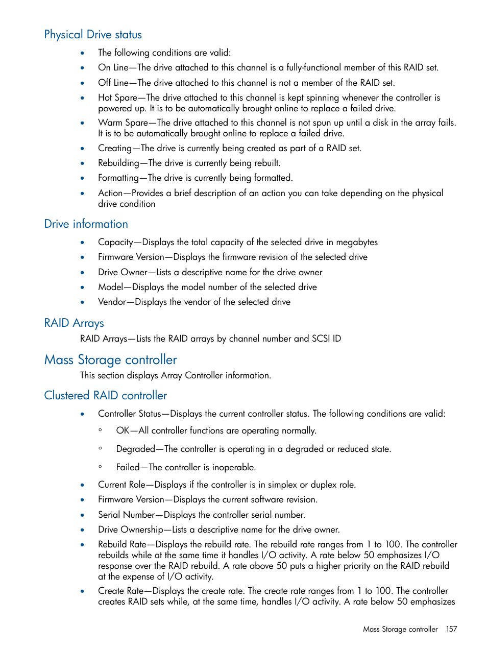 Physical drive status, Drive information, Raid arrays | Mass storage controller, Clustered raid controller | HP Insight Management Agents User Manual | Page 157 / 177