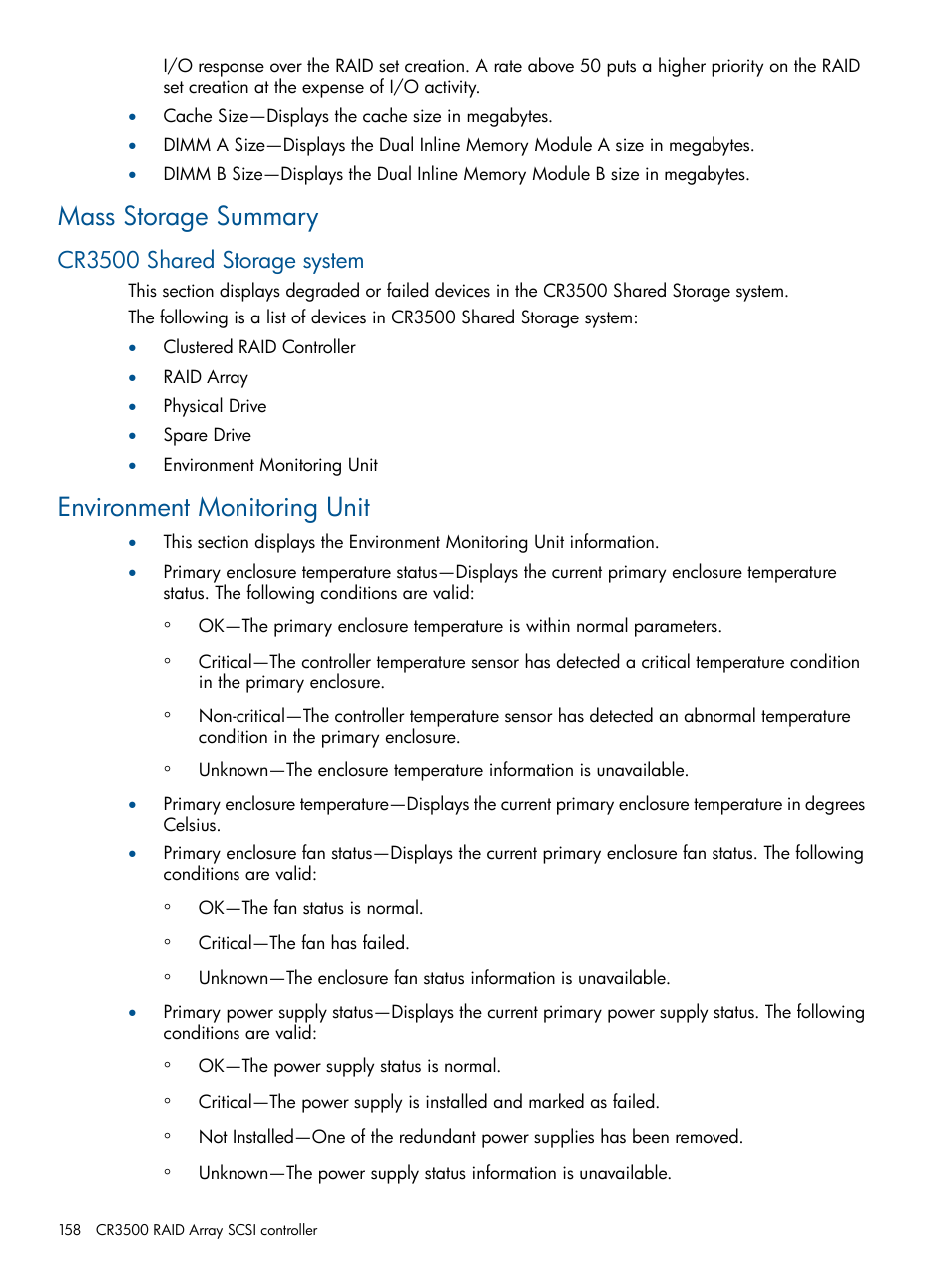 Mass storage summary, Cr3500 shared storage system, Environment monitoring unit | HP Insight Management Agents User Manual | Page 158 / 177