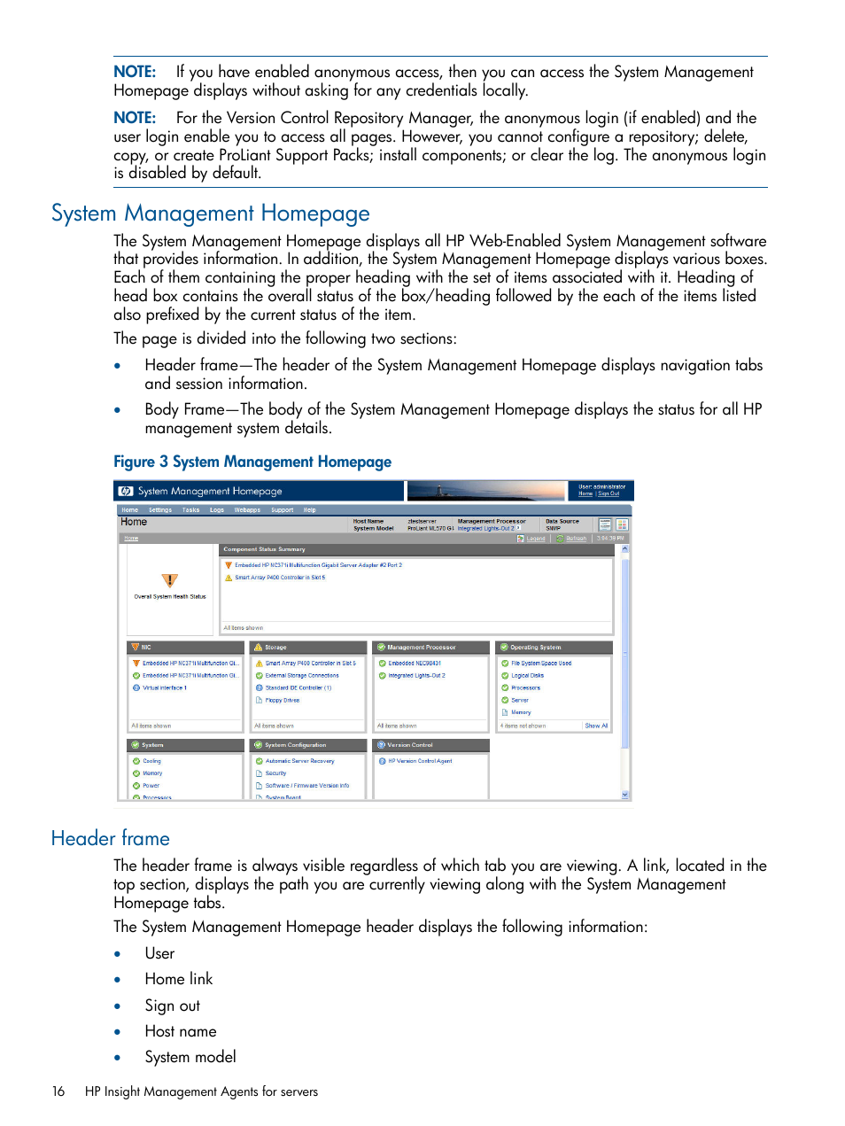 Header frame, System management homepage | HP Insight Management Agents User Manual | Page 16 / 177