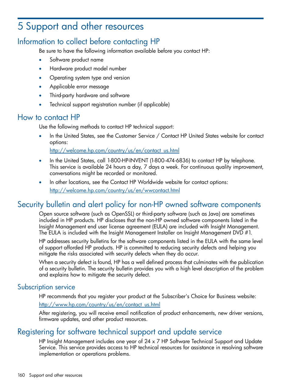 5 support and other resources, Information to collect before contacting hp, How to contact hp | Subscription service | HP Insight Management Agents User Manual | Page 160 / 177