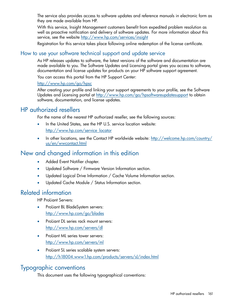 Hp authorized resellers, New and changed information in this edition, Related information | Typographic conventions | HP Insight Management Agents User Manual | Page 161 / 177