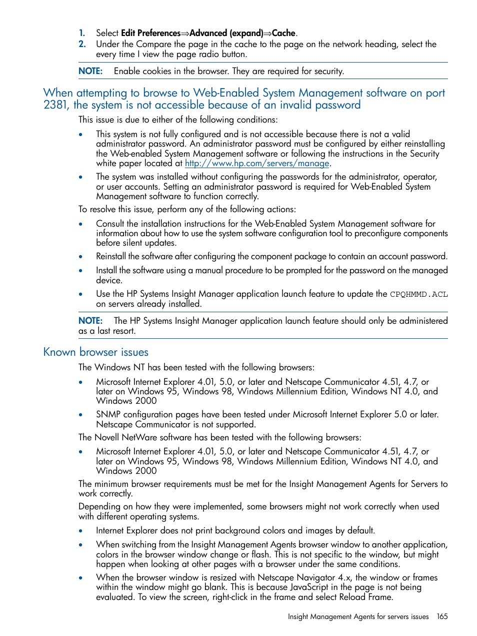 Known browser issues | HP Insight Management Agents User Manual | Page 165 / 177