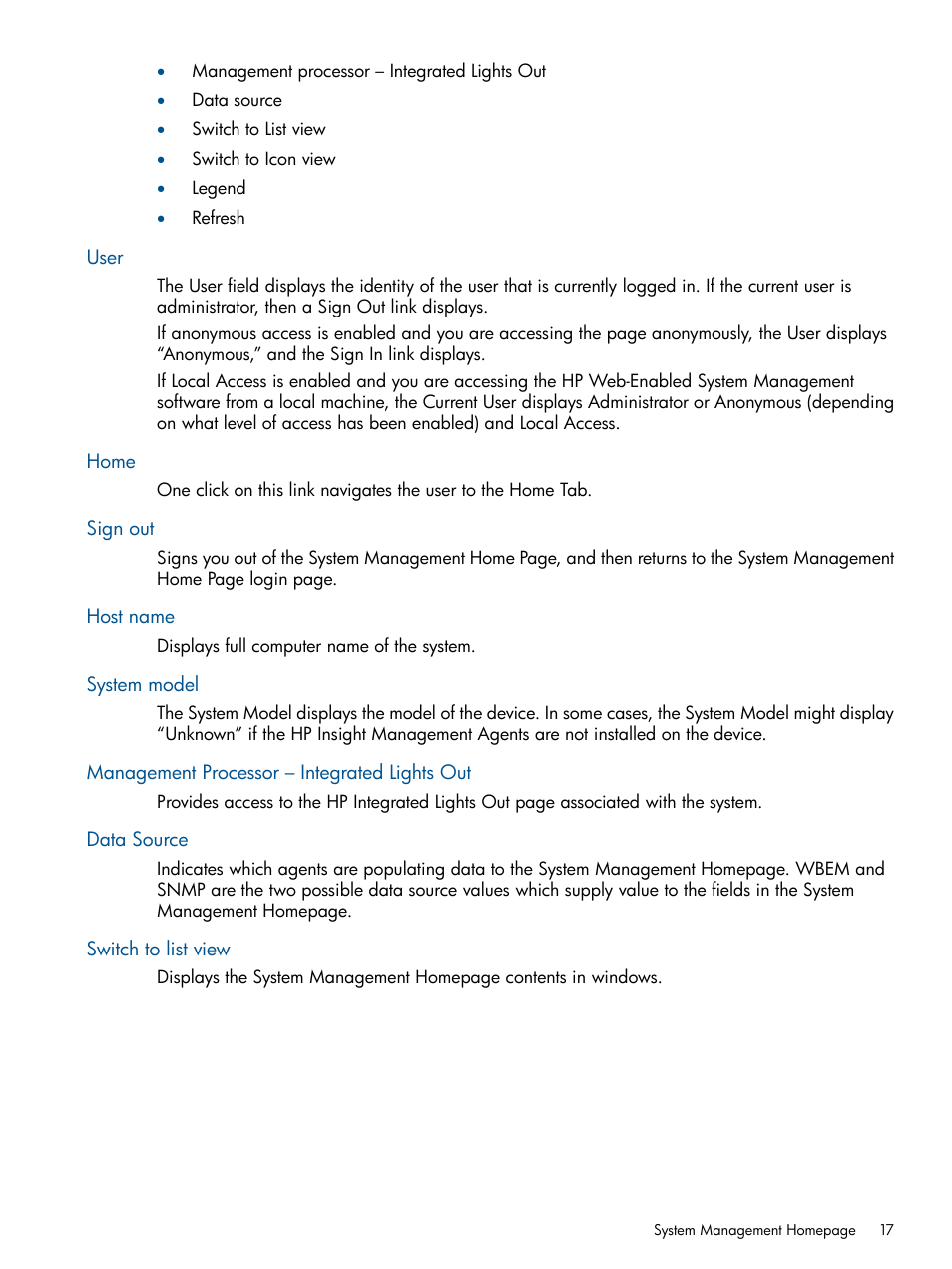 User, Home, Sign out | Host name, System model, Management processor – integrated lights out, Data source, Switch to list view | HP Insight Management Agents User Manual | Page 17 / 177