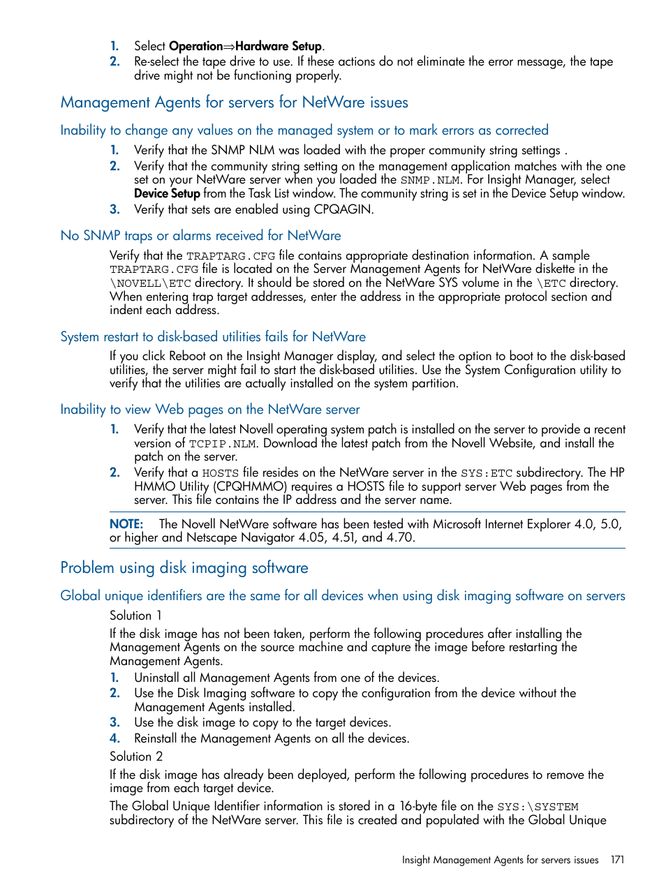 Management agents for servers for netware issues, No snmp traps or alarms received for netware, Problem using disk imaging software | HP Insight Management Agents User Manual | Page 171 / 177