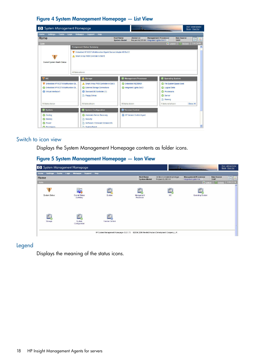 Switch to icon view, Legend, Switch to icon view legend | HP Insight Management Agents User Manual | Page 18 / 177