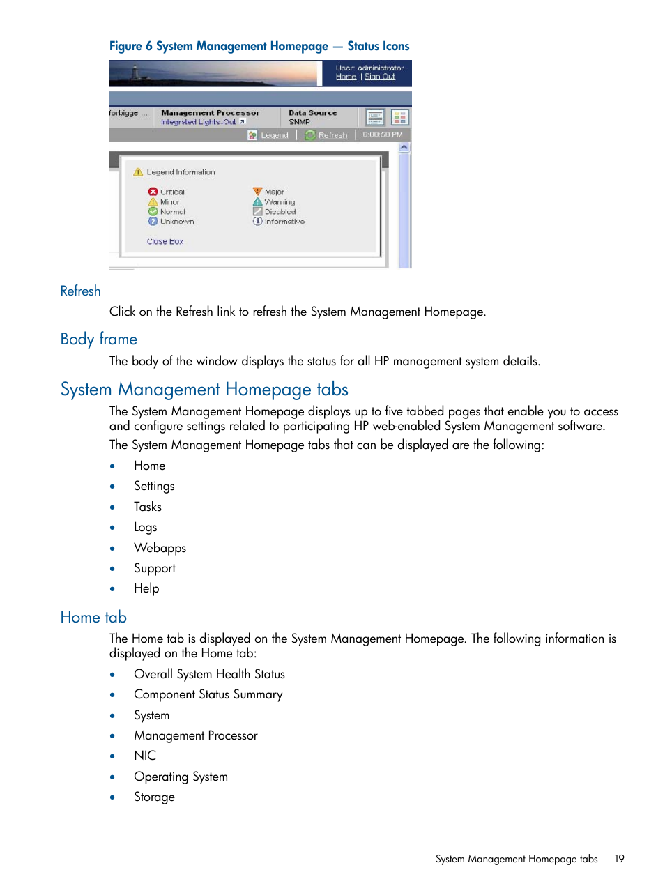 Refresh, Body frame, Home tab | System management homepage tabs | HP Insight Management Agents User Manual | Page 19 / 177