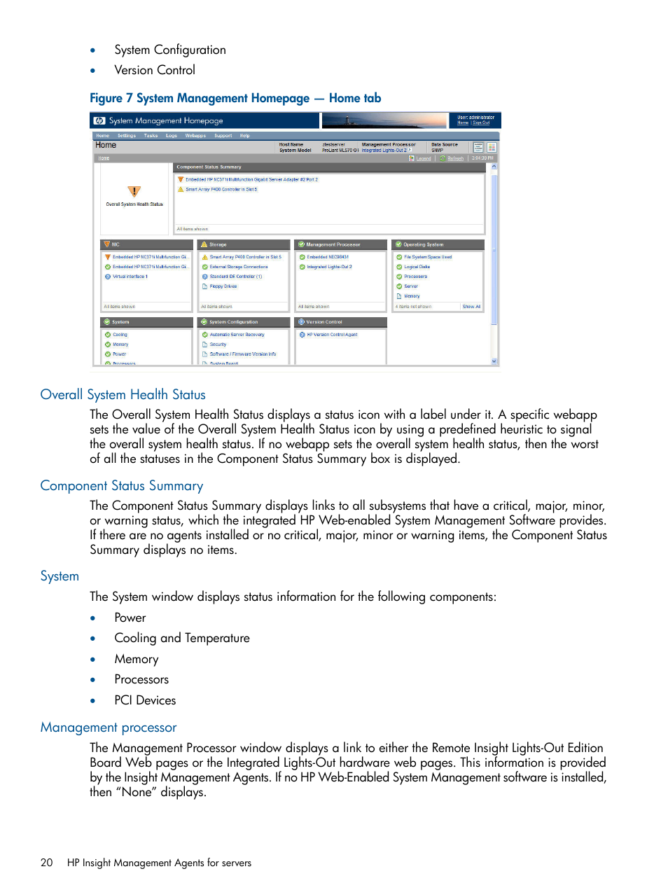 Overall system health status, Component status summary, System | Management processor | HP Insight Management Agents User Manual | Page 20 / 177