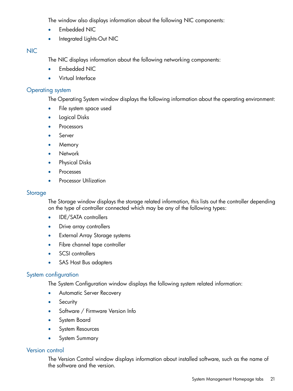 Operating system, Storage, System configuration | Version control | HP Insight Management Agents User Manual | Page 21 / 177