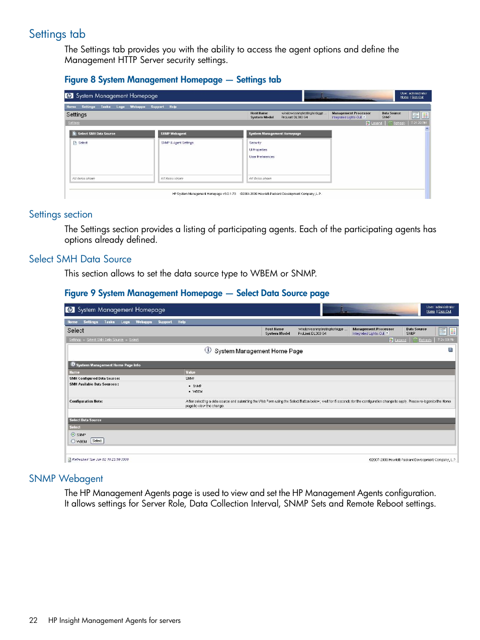 Settings tab, Settings section, Select smh data source | Snmp webagent | HP Insight Management Agents User Manual | Page 22 / 177