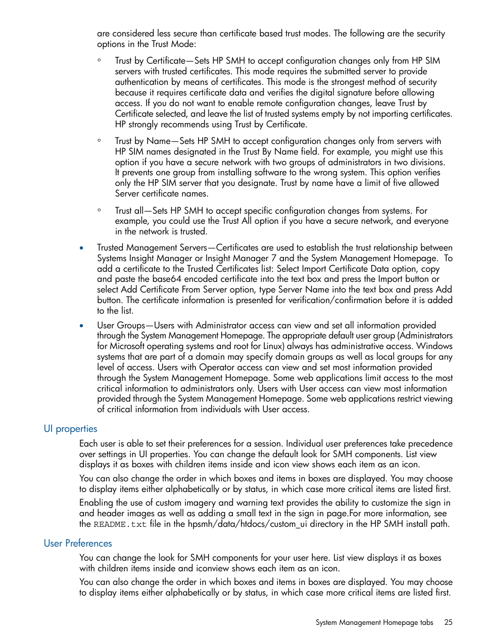 Ui properties, User preferences | HP Insight Management Agents User Manual | Page 25 / 177