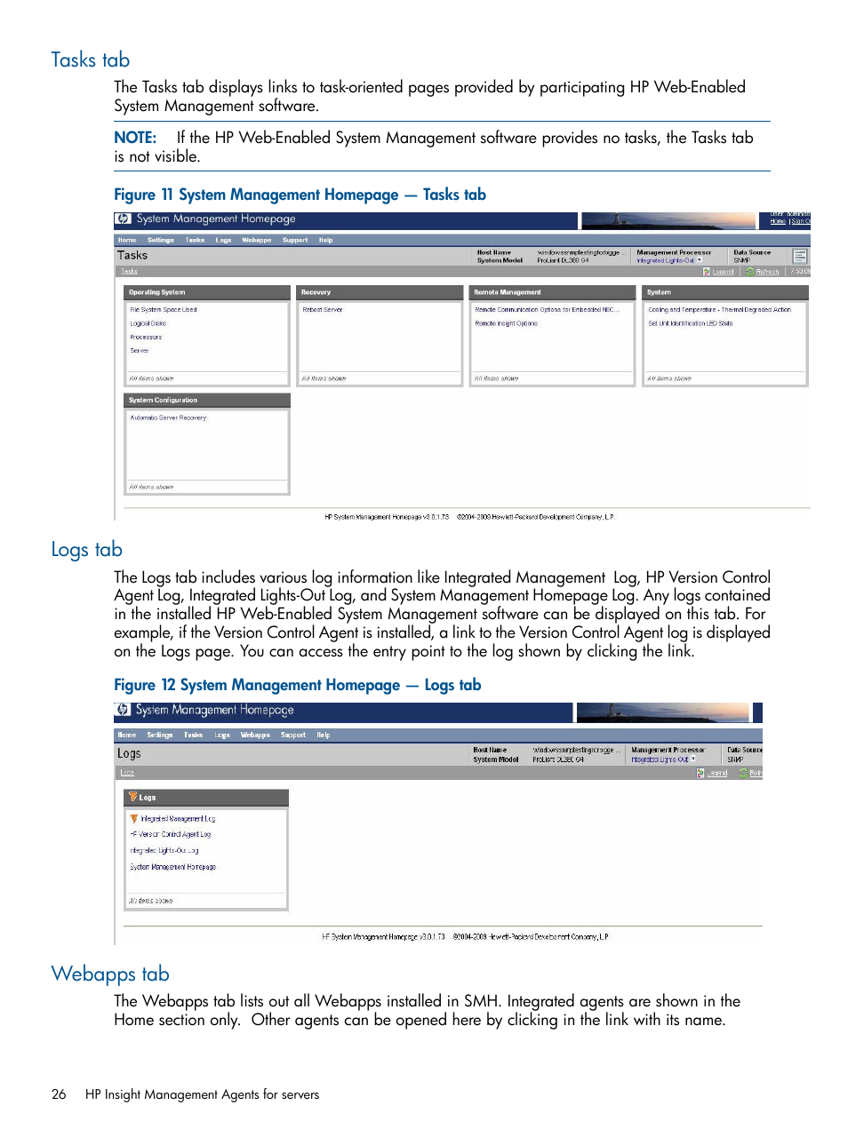 Tasks tab, Logs tab, Webapps tab | Tasks tab logs tab webapps tab | HP Insight Management Agents User Manual | Page 26 / 177