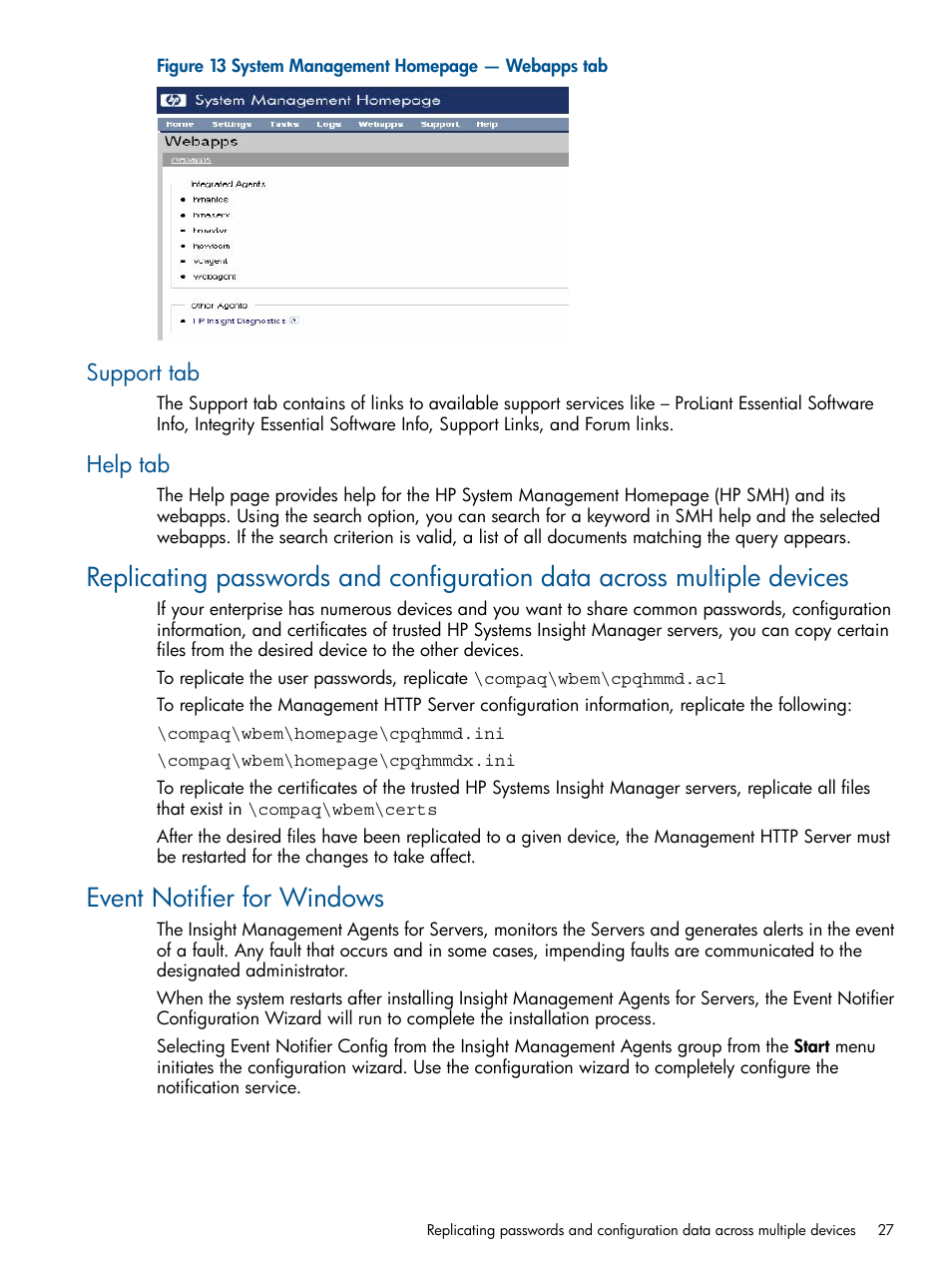 Support tab, Help tab, Event notifier for windows | Support tab help tab | HP Insight Management Agents User Manual | Page 27 / 177