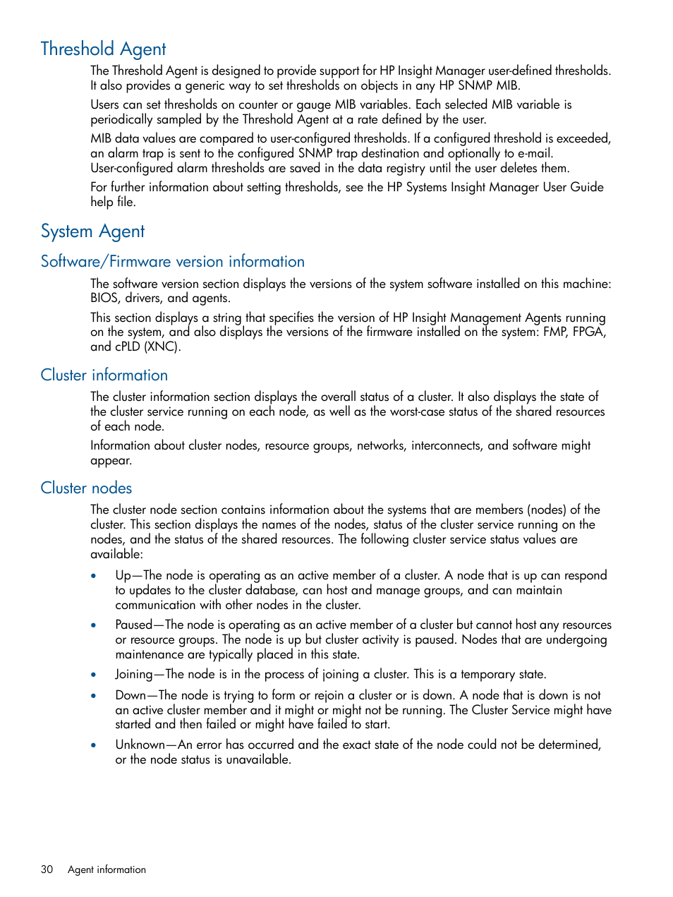 Threshold agent, System agent, Software/firmware version information | Cluster information, Cluster nodes, Threshold agent system agent | HP Insight Management Agents User Manual | Page 30 / 177