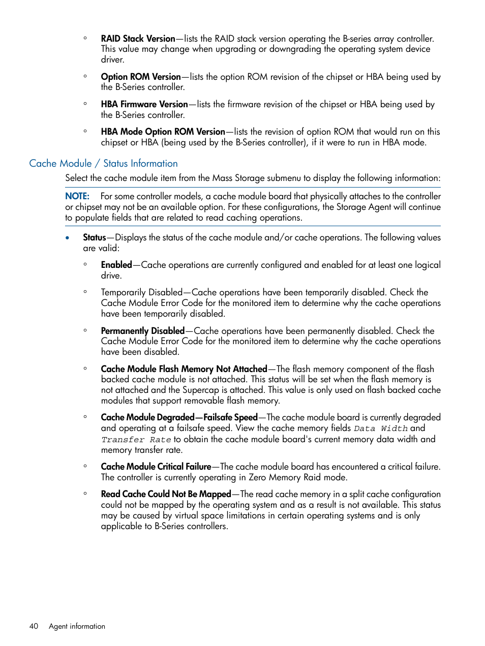 Cache module / status information | HP Insight Management Agents User Manual | Page 40 / 177