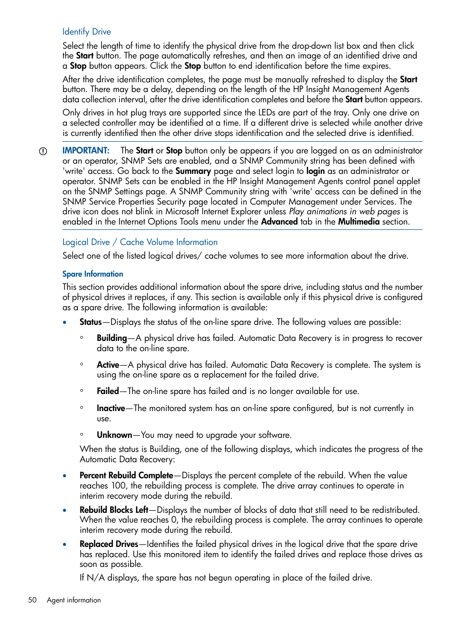 Identify drive, Logical drive / cache volume information, Spare information | HP Insight Management Agents User Manual | Page 50 / 177