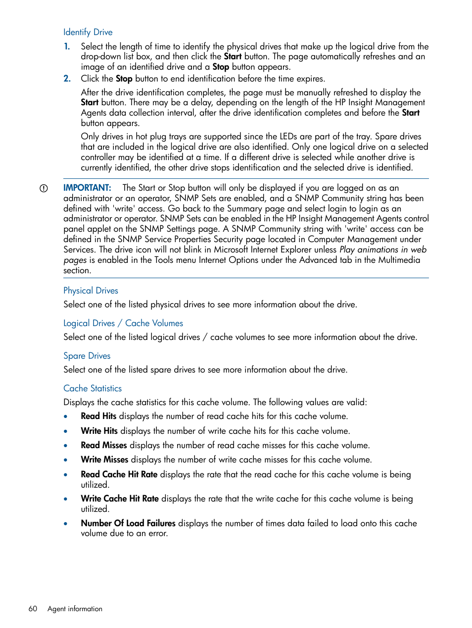 Identify drive, Physical drives, Logical drives / cache volumes | Spare drives, Cache statistics | HP Insight Management Agents User Manual | Page 60 / 177