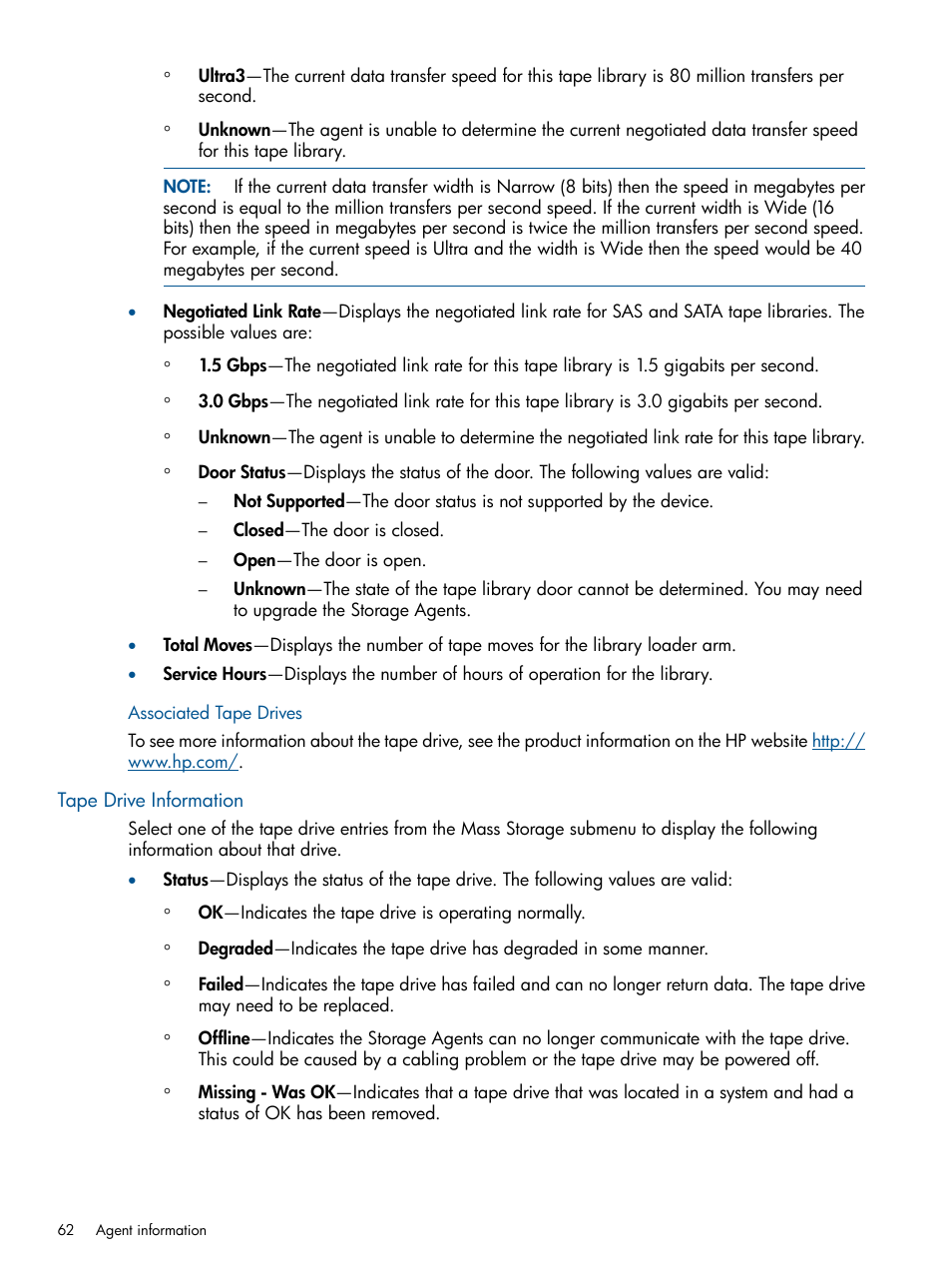 Associated tape drives, Tape drive information | HP Insight Management Agents User Manual | Page 62 / 177