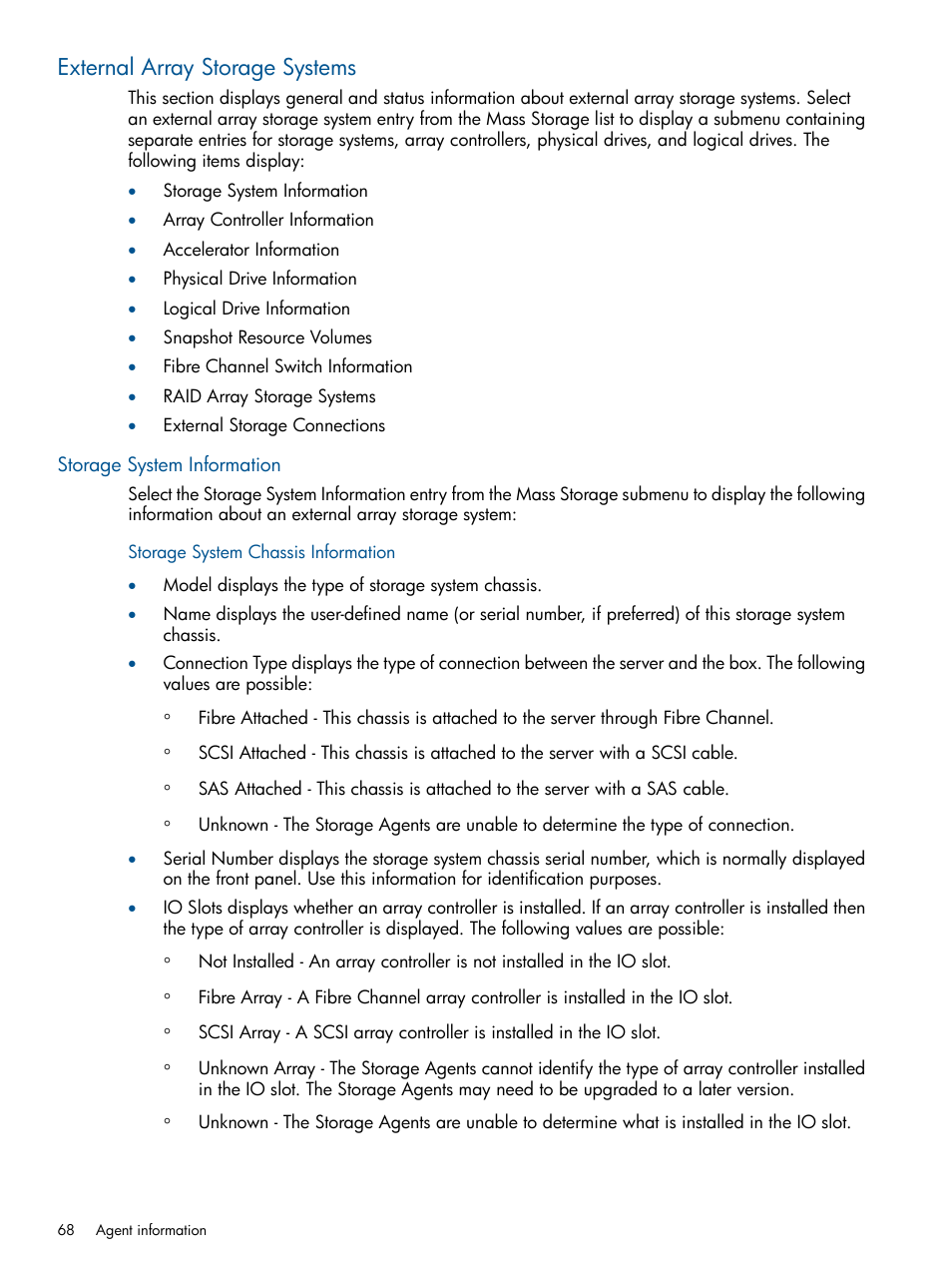 External array storage systems, Storage system information, Storage system chassis information | HP Insight Management Agents User Manual | Page 68 / 177