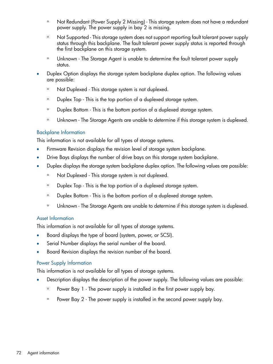 Backplane information, Asset information, Power supply information | HP Insight Management Agents User Manual | Page 72 / 177