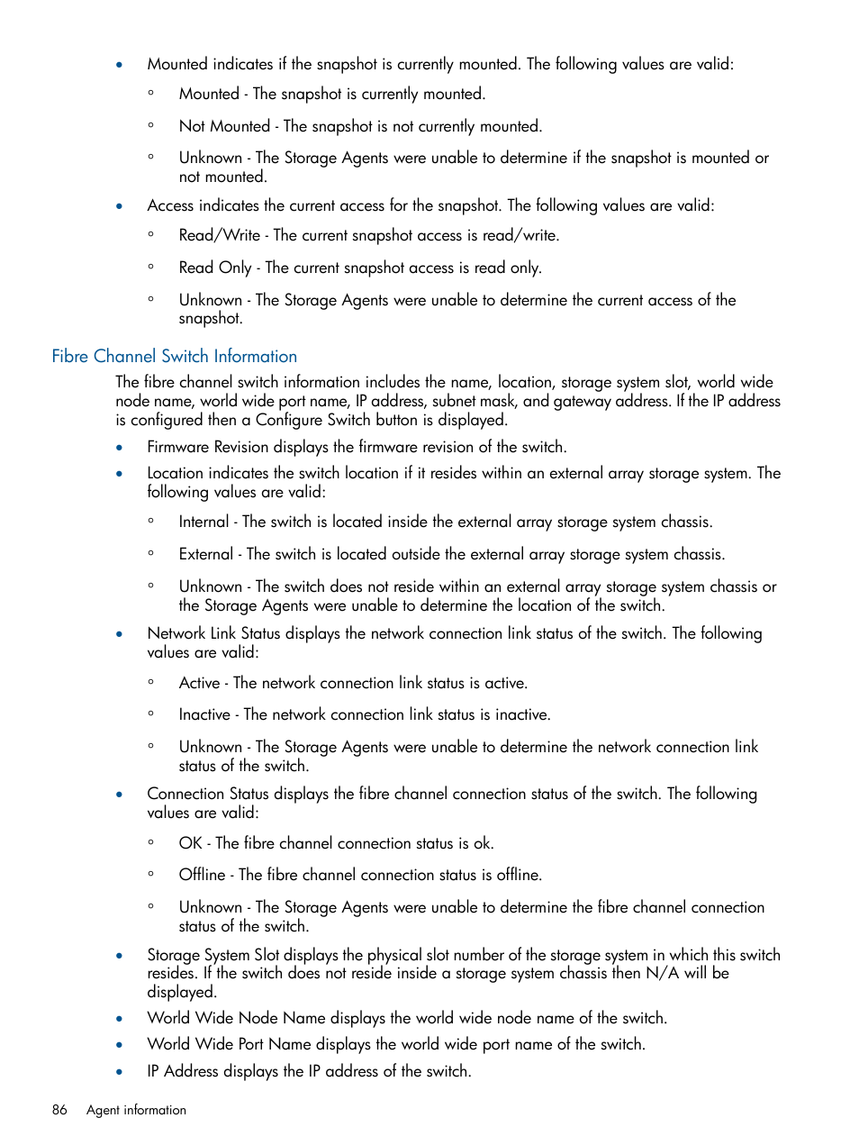 Fibre channel switch information | HP Insight Management Agents User Manual | Page 86 / 177