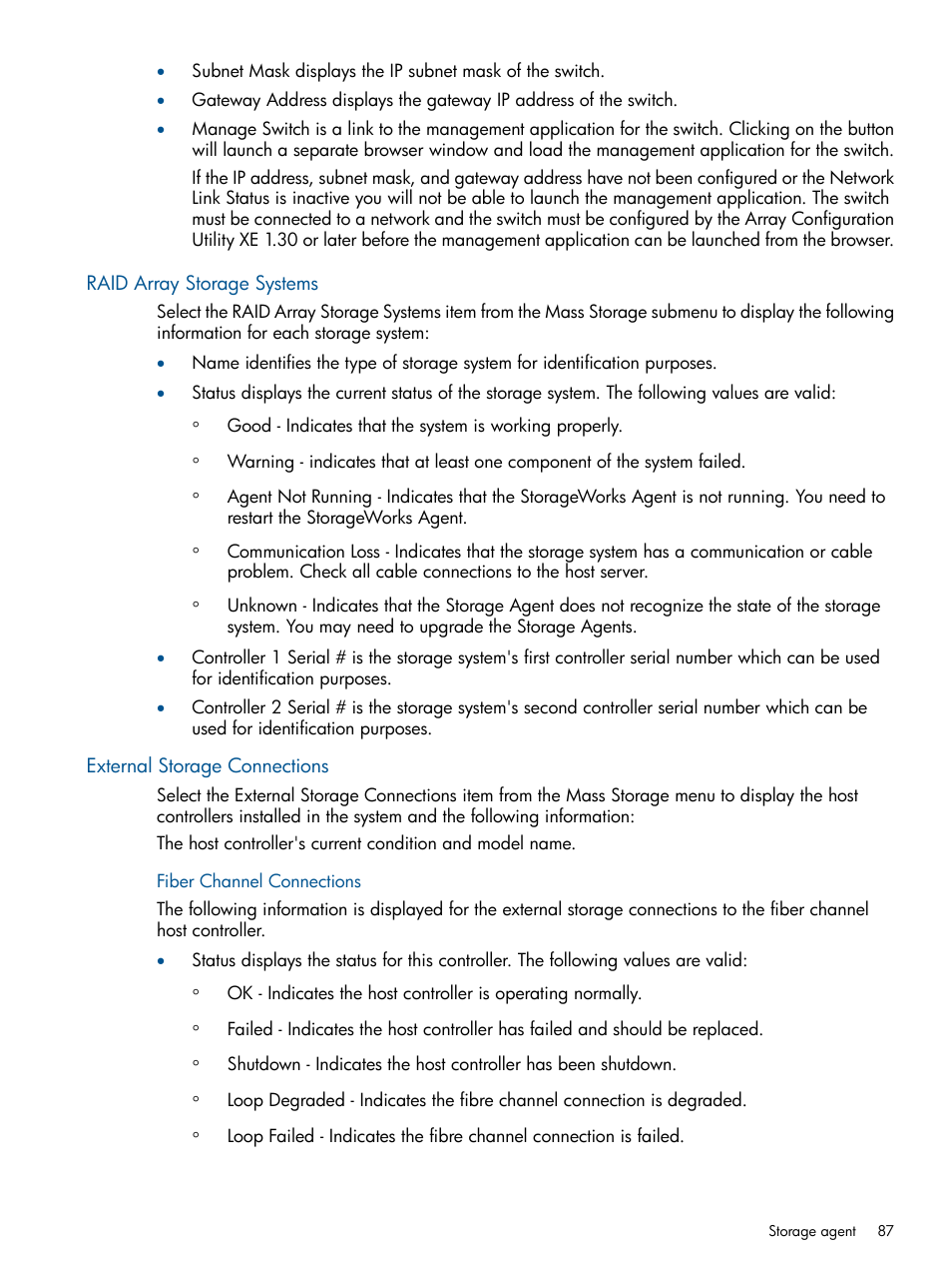 Raid array storage systems, External storage connections, Fiber channel connections | HP Insight Management Agents User Manual | Page 87 / 177