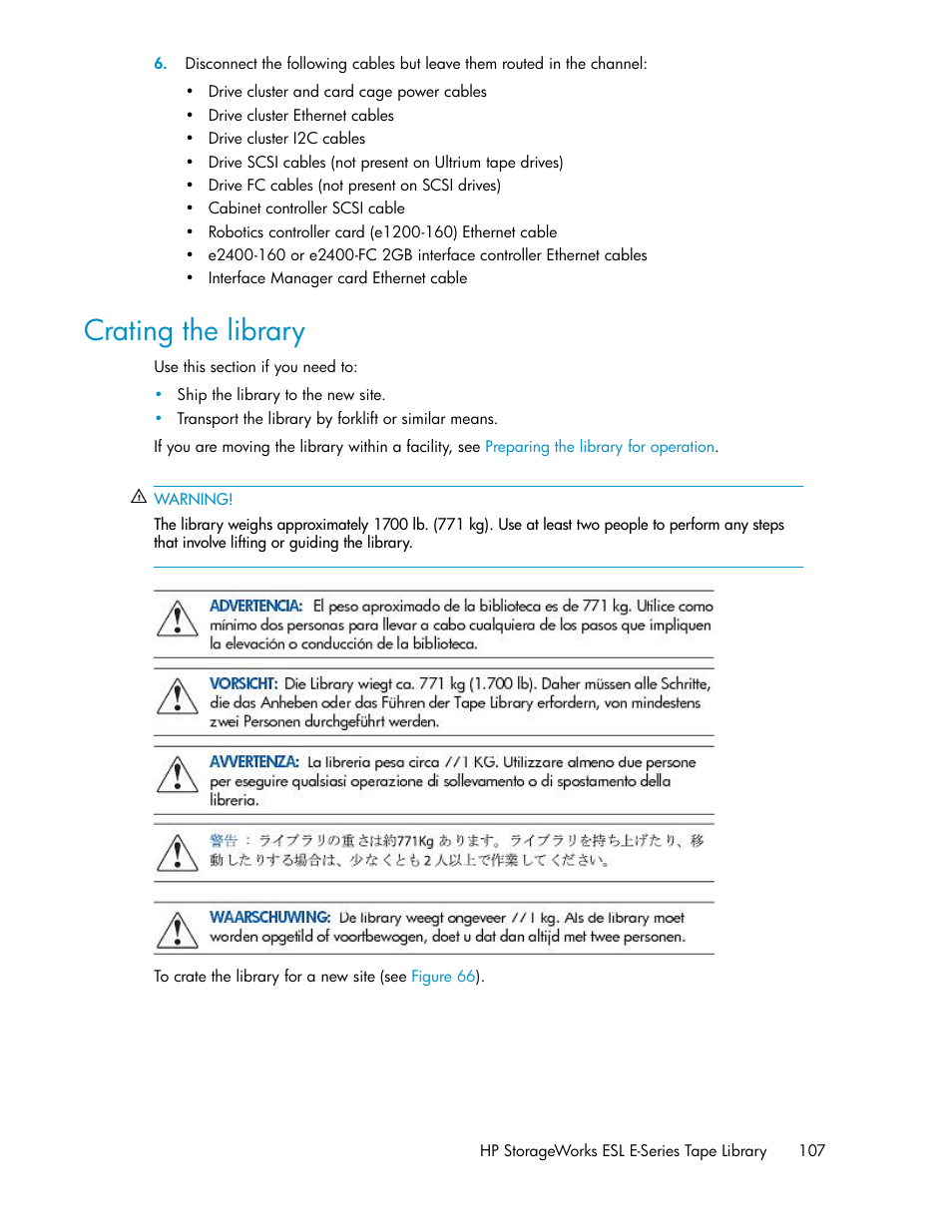 Crating the library | HP ESL E-series Tape Libraries User Manual | Page 107 / 176