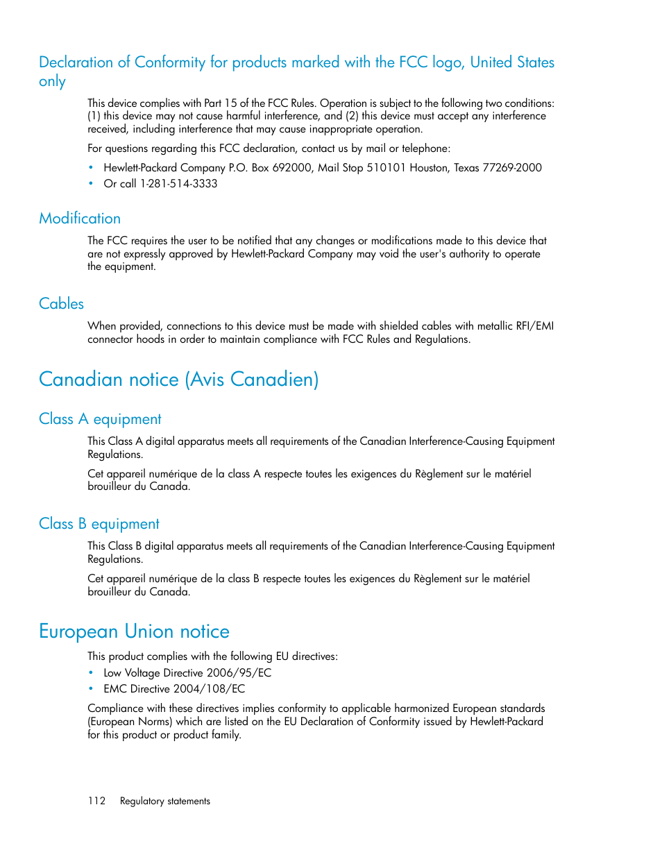 Modification, Cables, Canadian notice (avis canadien) | Class a equipment, Class b equipment, European union notice, 112 modification, 112 cables, 112 class b equipment | HP ESL E-series Tape Libraries User Manual | Page 112 / 176