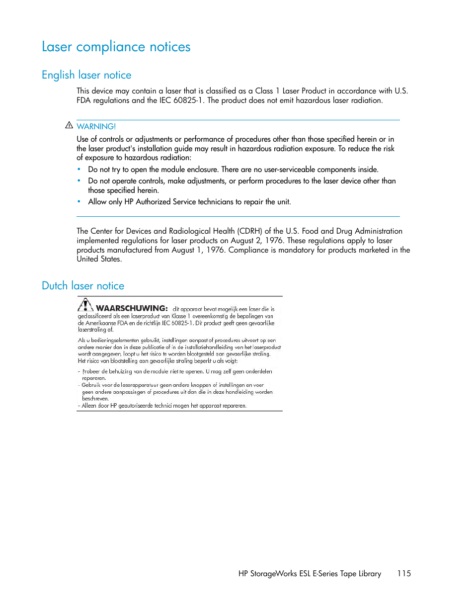 Laser compliance notices, English laser notice, Dutch laser notice | 115 dutch laser notice | HP ESL E-series Tape Libraries User Manual | Page 115 / 176