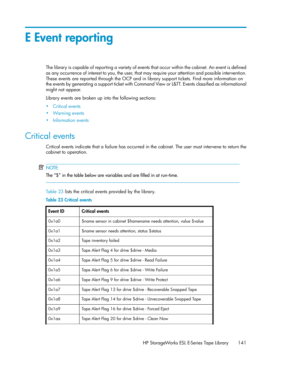 E event reporting, Critical events | HP ESL E-series Tape Libraries User Manual | Page 141 / 176