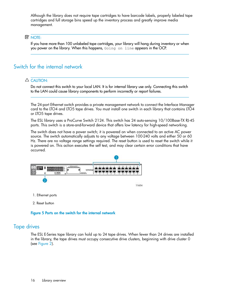 Switch for the internal network, Tape drives, 16 tape drives | Ports on the switch for the internal network | HP ESL E-series Tape Libraries User Manual | Page 16 / 176