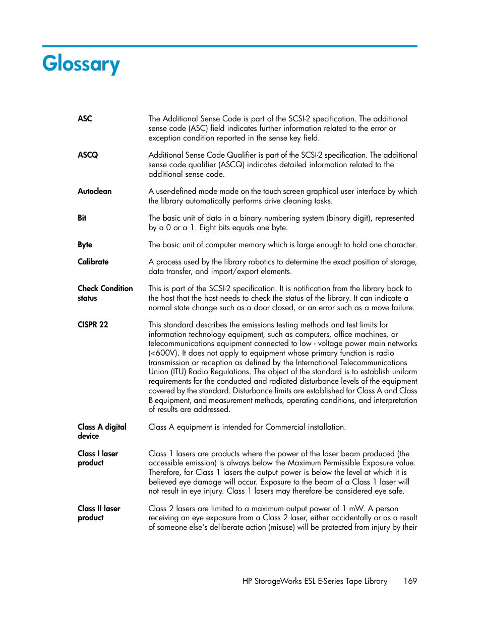 Glossary | HP ESL E-series Tape Libraries User Manual | Page 169 / 176