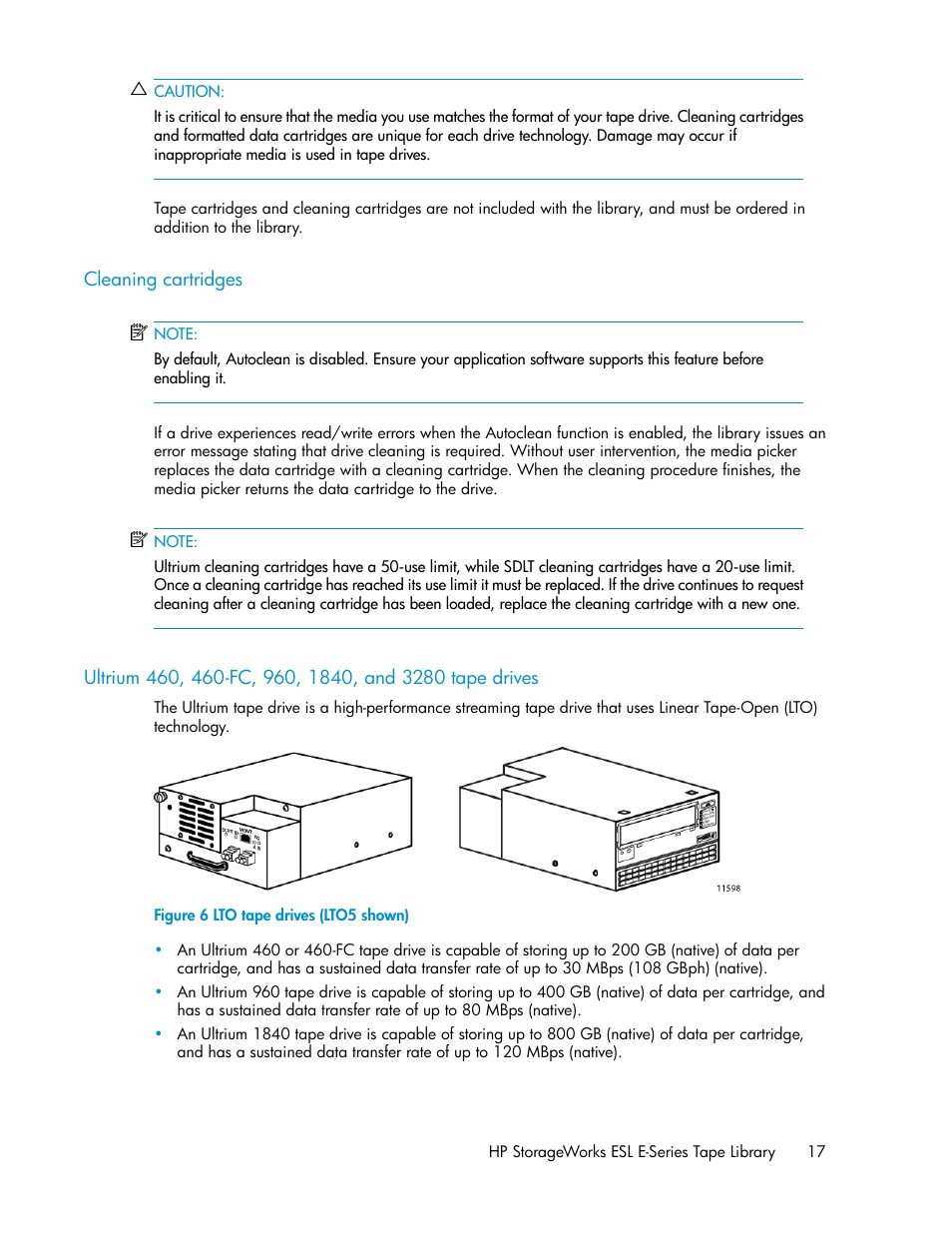 Cleaning cartridges, Lto tape drives (lto5 shown) | HP ESL E-series Tape Libraries User Manual | Page 17 / 176