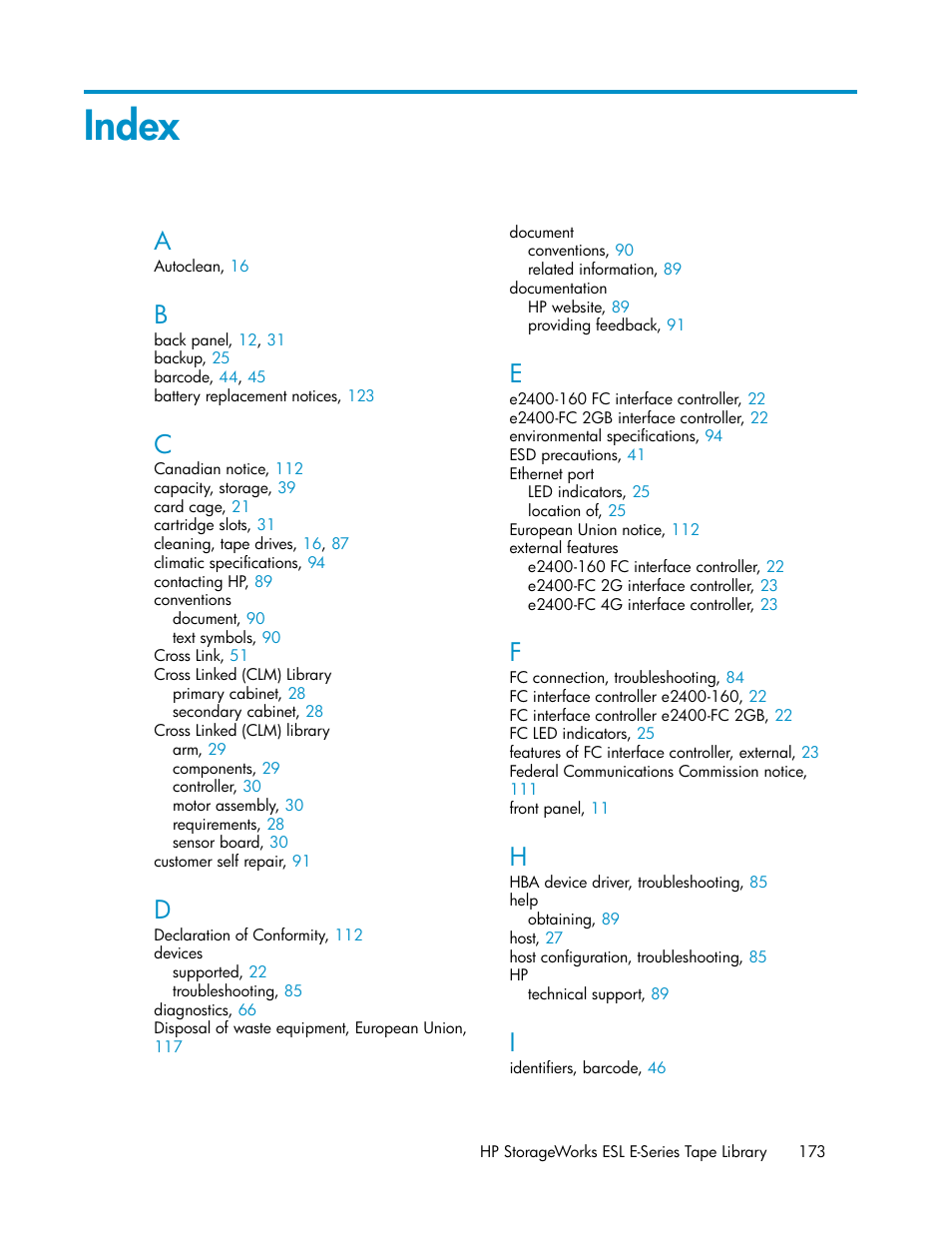 Index | HP ESL E-series Tape Libraries User Manual | Page 173 / 176