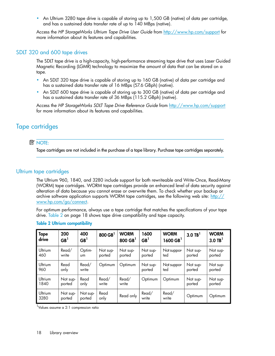 Sdlt 320 and 600 tape drives, Tape cartridges, Ultrium tape cartridges | Ultrium compatibility | HP ESL E-series Tape Libraries User Manual | Page 18 / 176